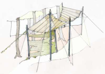Demountable shelter viewed from ground.