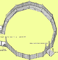 Timber stockade/ walkway to bark pit, click to return.